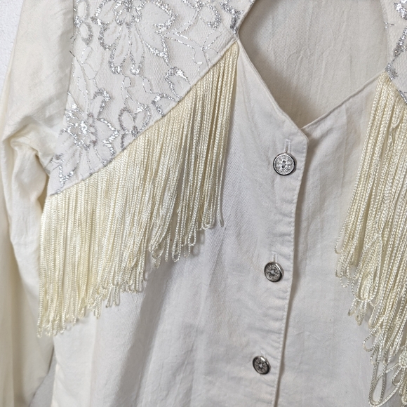 VINTAGE Lilia Smitty Western Cotton Button Up Ivory EUC Fringe Silver Cowgirl - Picture 13 of 14